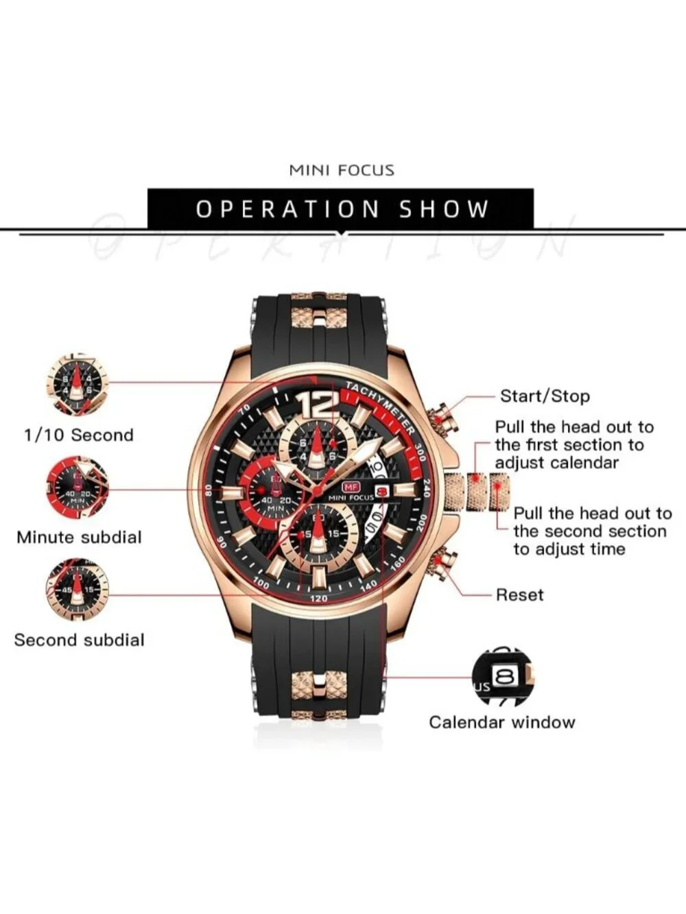 Men's Black Silicon Band Quartz Chronograph Waterproof Luminous Wrist Watch